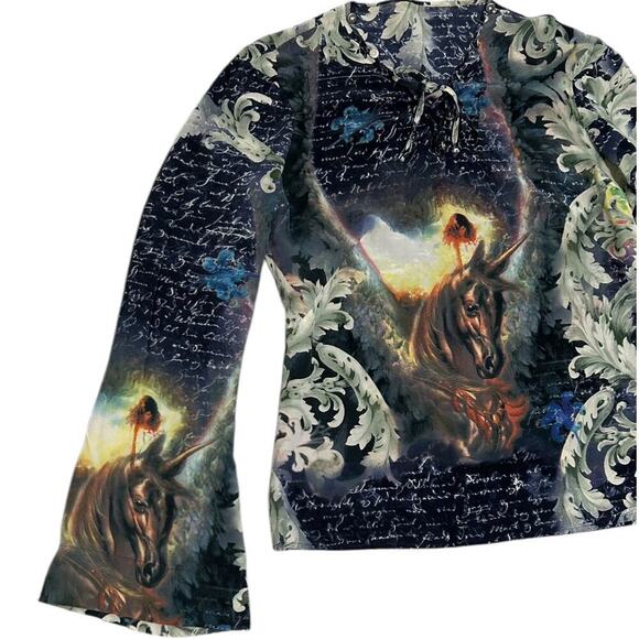 Fairycore Regency 90’s Voyage Silk Unicorn Bell Sleeve Top - Picture 3 of 7